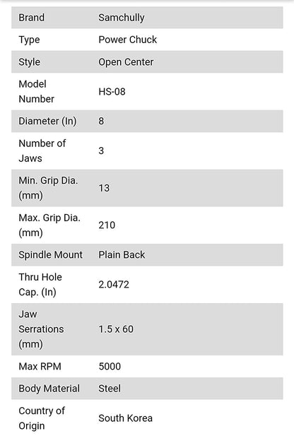 Power Chuck - 8" Hydraulic Chuck - Samchully